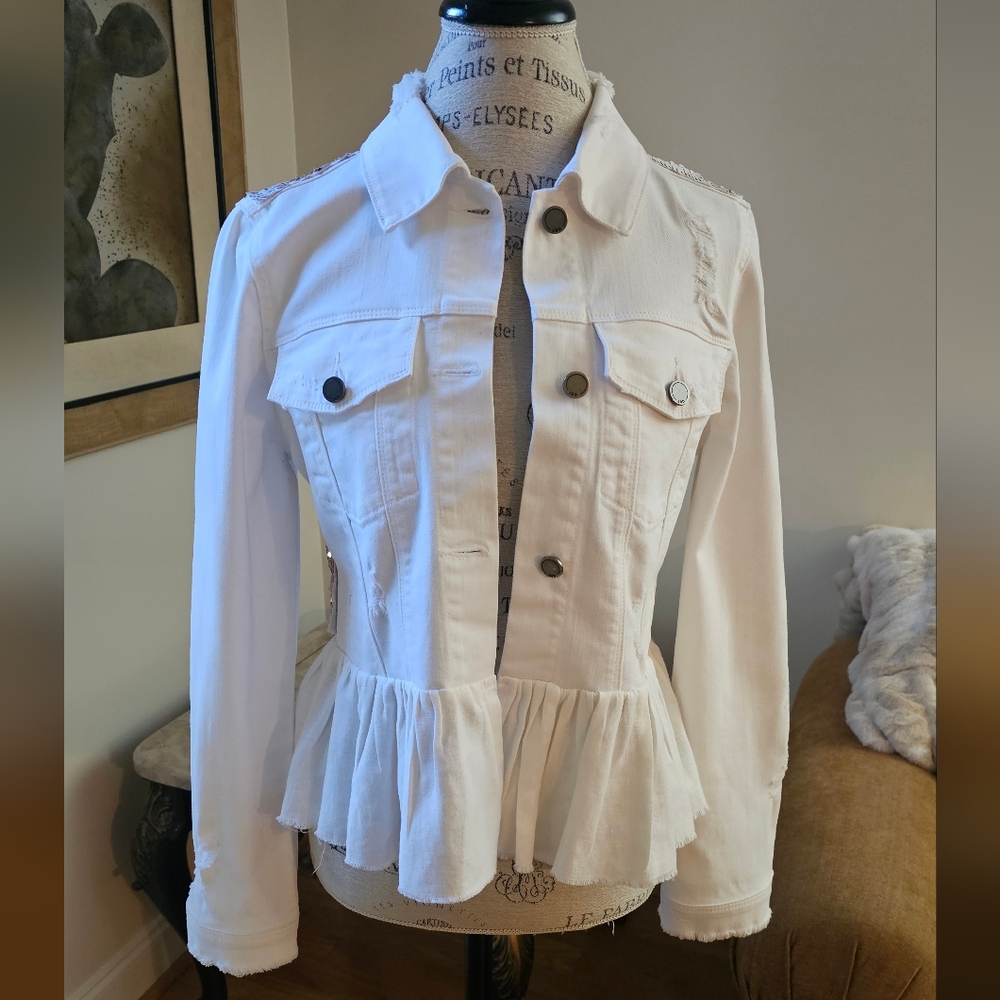 Romi Basha White Denim+Sequins Peplum Jacket-Retail $595 NWT-revolve-sojara